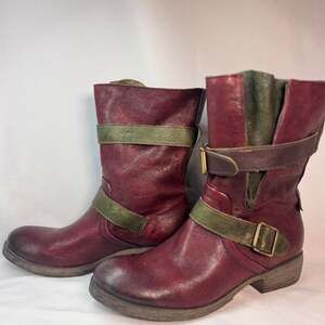 A.S.98 luxury RARE Red Green Distressed Moto Boots Italian Leather Size 7/8